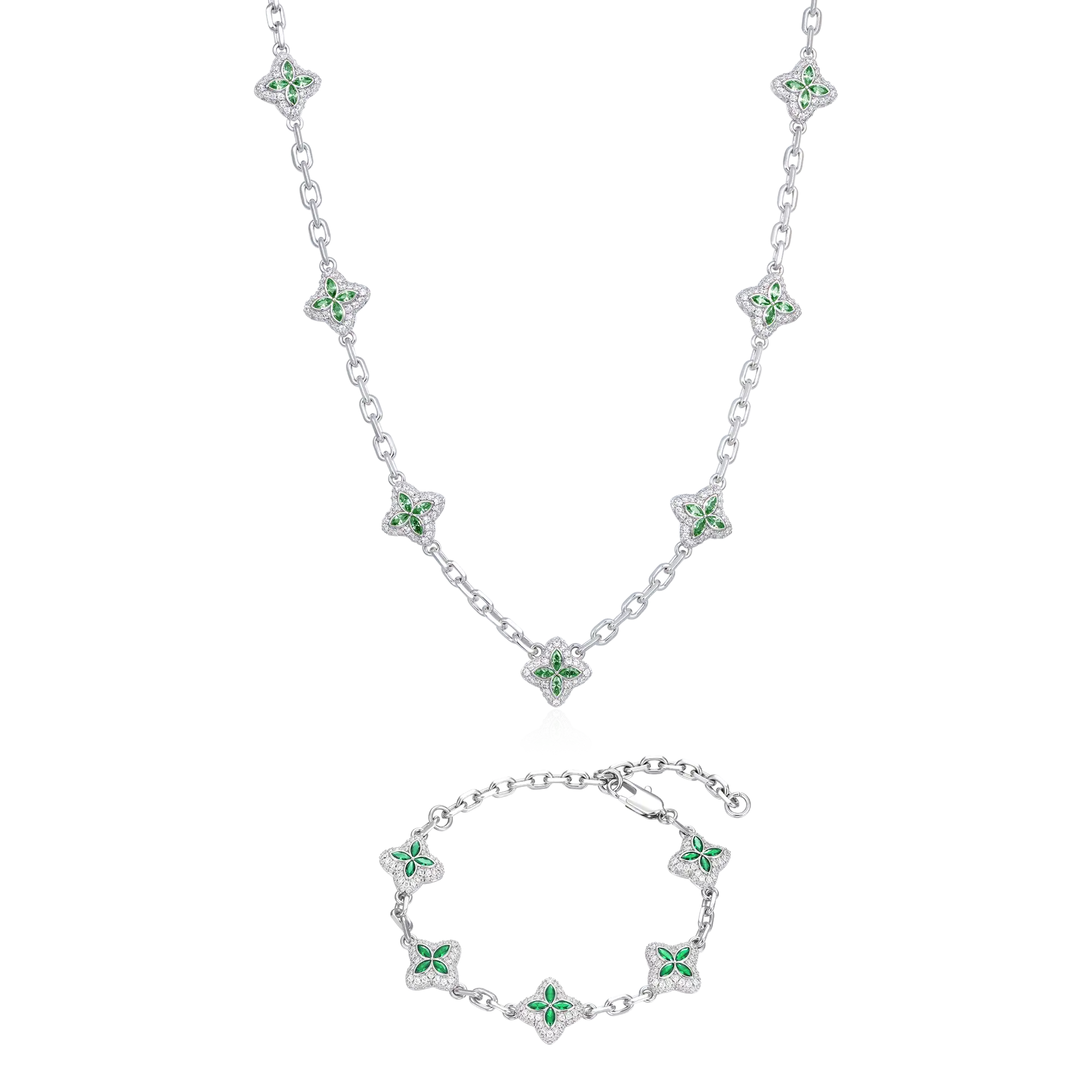 Iced Luminous Clover Adjustable Chain & Bracelet Set - Green Diamond