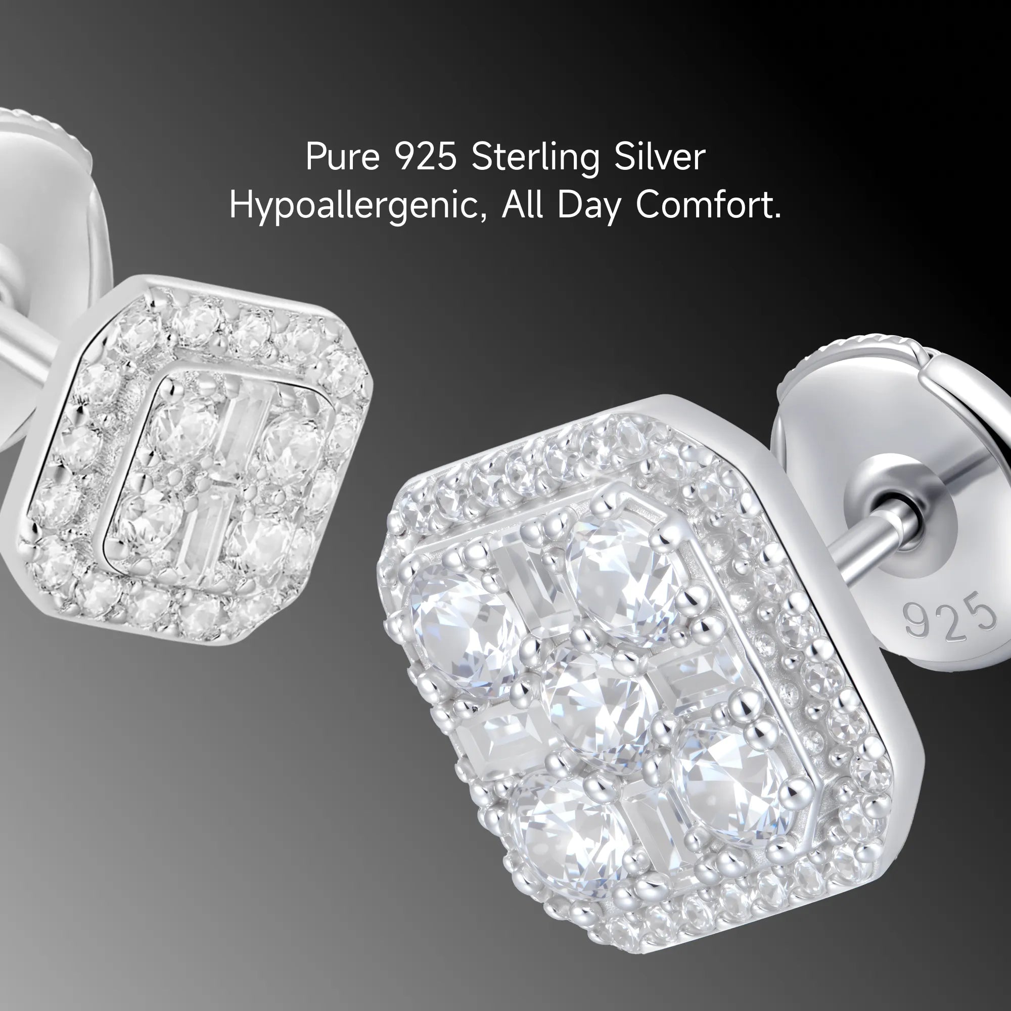 Octagon Baguette Mix Halo Stud Earrings - Pair