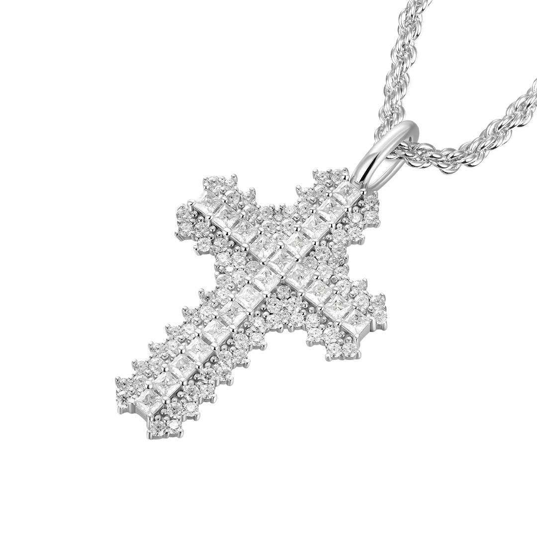 Moissanite Princess Cut Flooded Cross Pendant