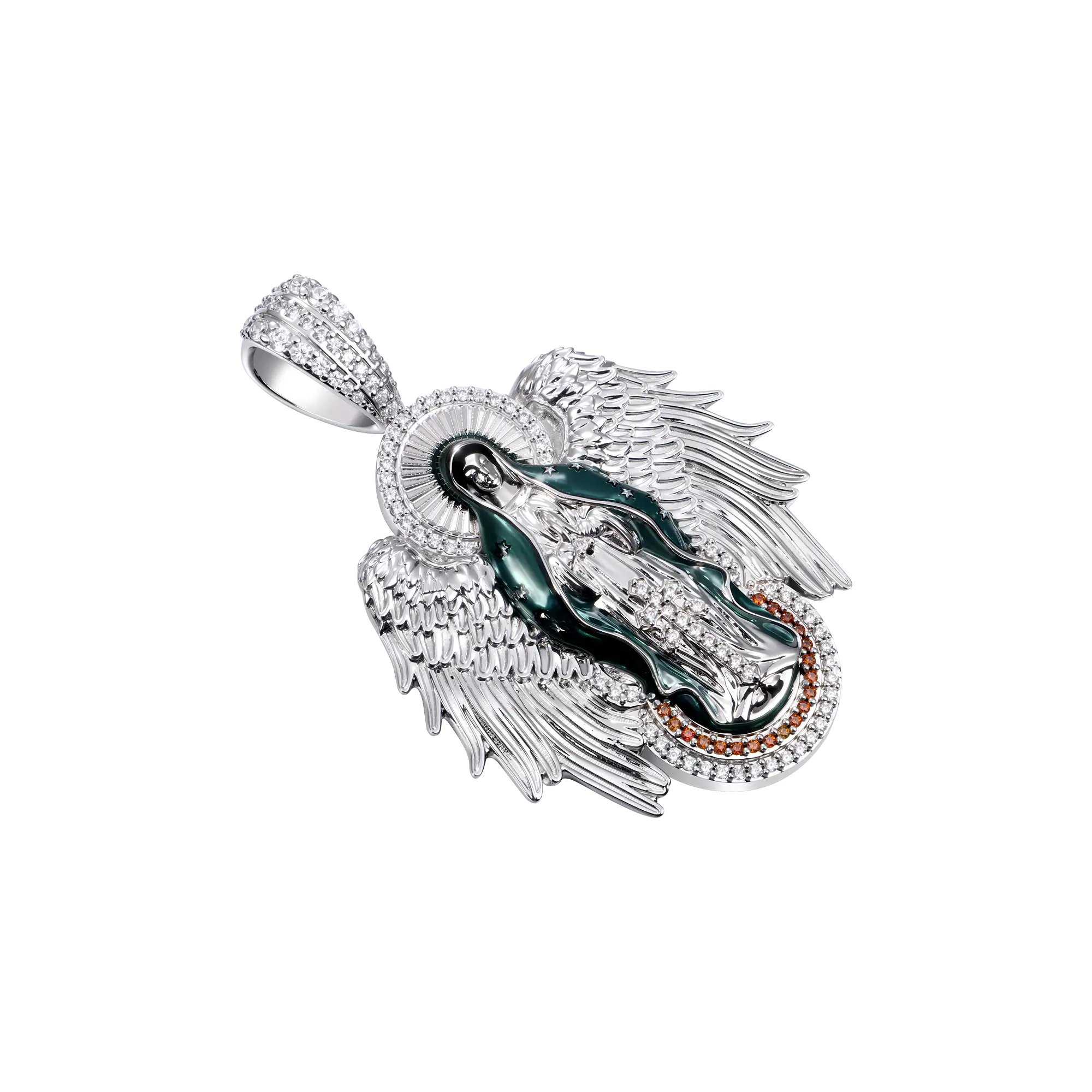 Moissanite Blessed Mary Halo Winged Pendant