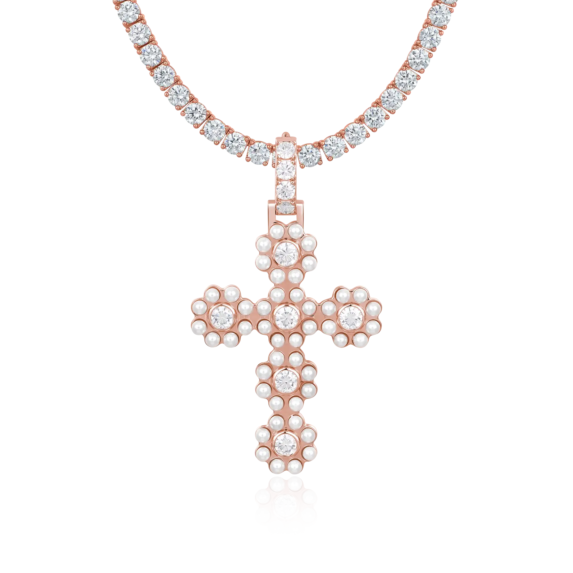 Moissanite Halo Pearl Brilliant Cross Pendant