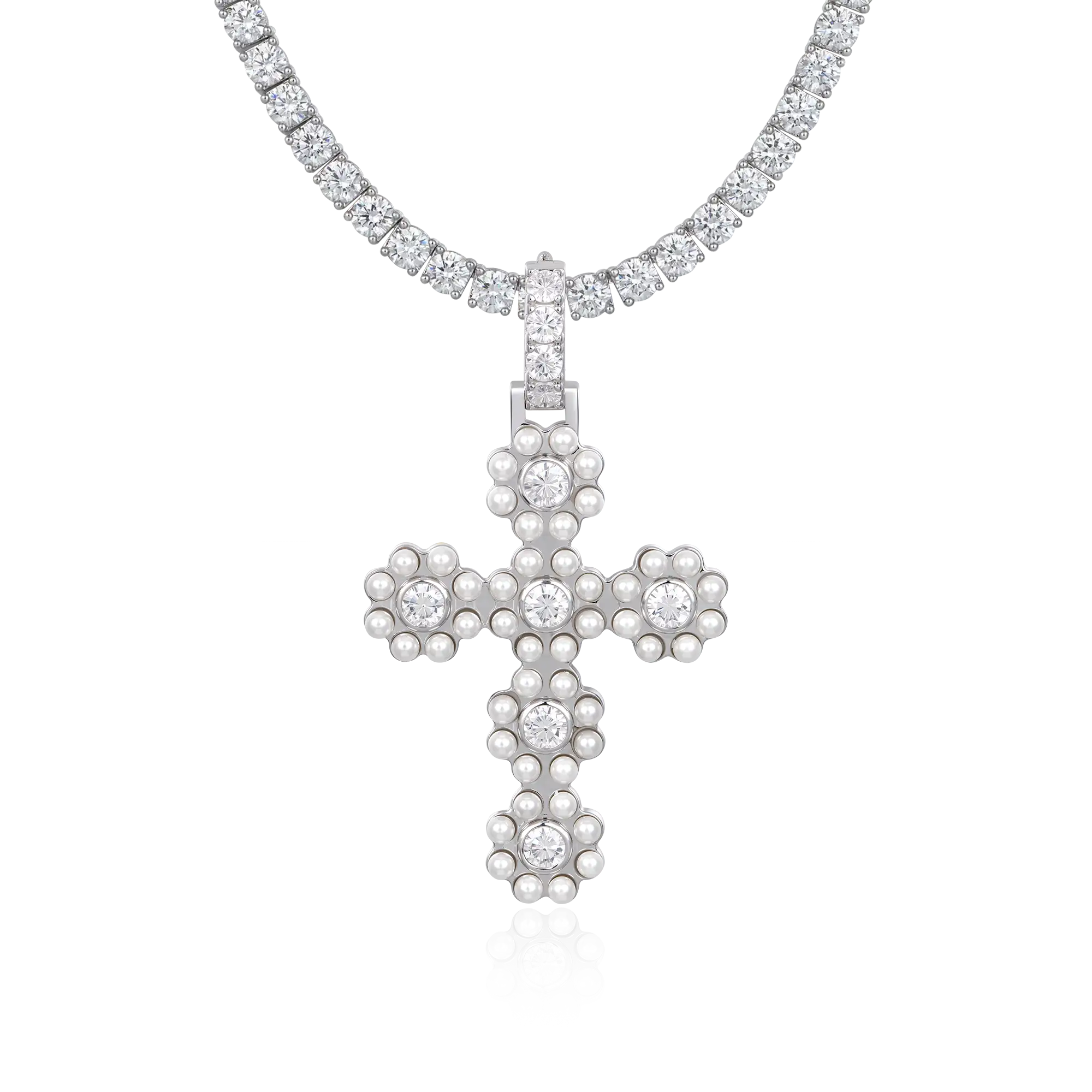 Moissanite Halo Pearl Brilliant Cross Pendant