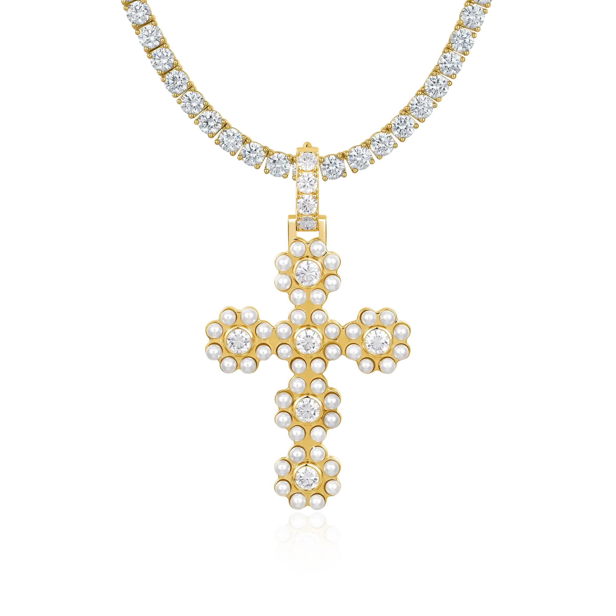 Moissanite Halo Pearl Brilliant Cross Pendant