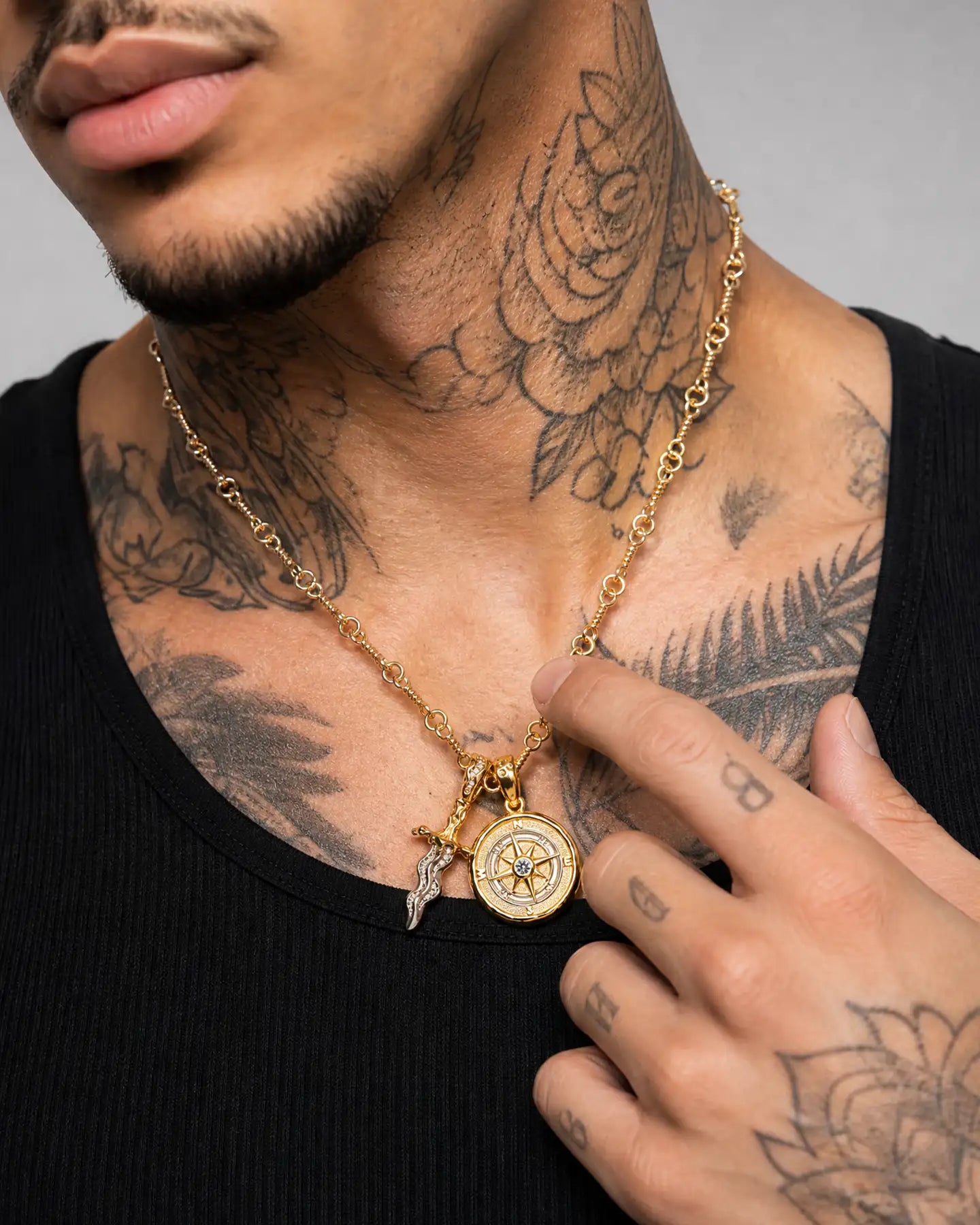 22K Melted Dagger & Compass Pendant Set