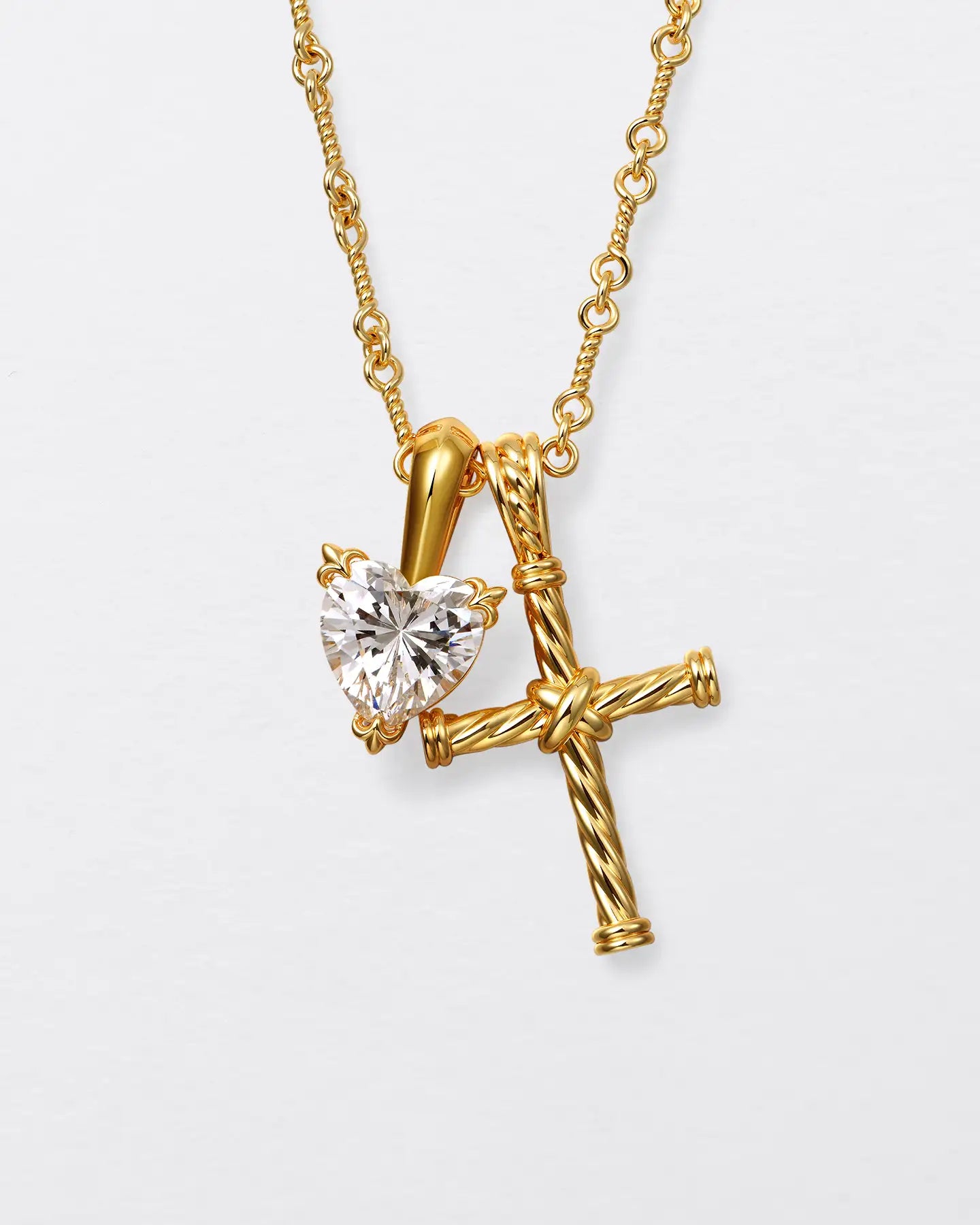 22K Heart-Shaped Cut & Twisted Cross Pendant Set