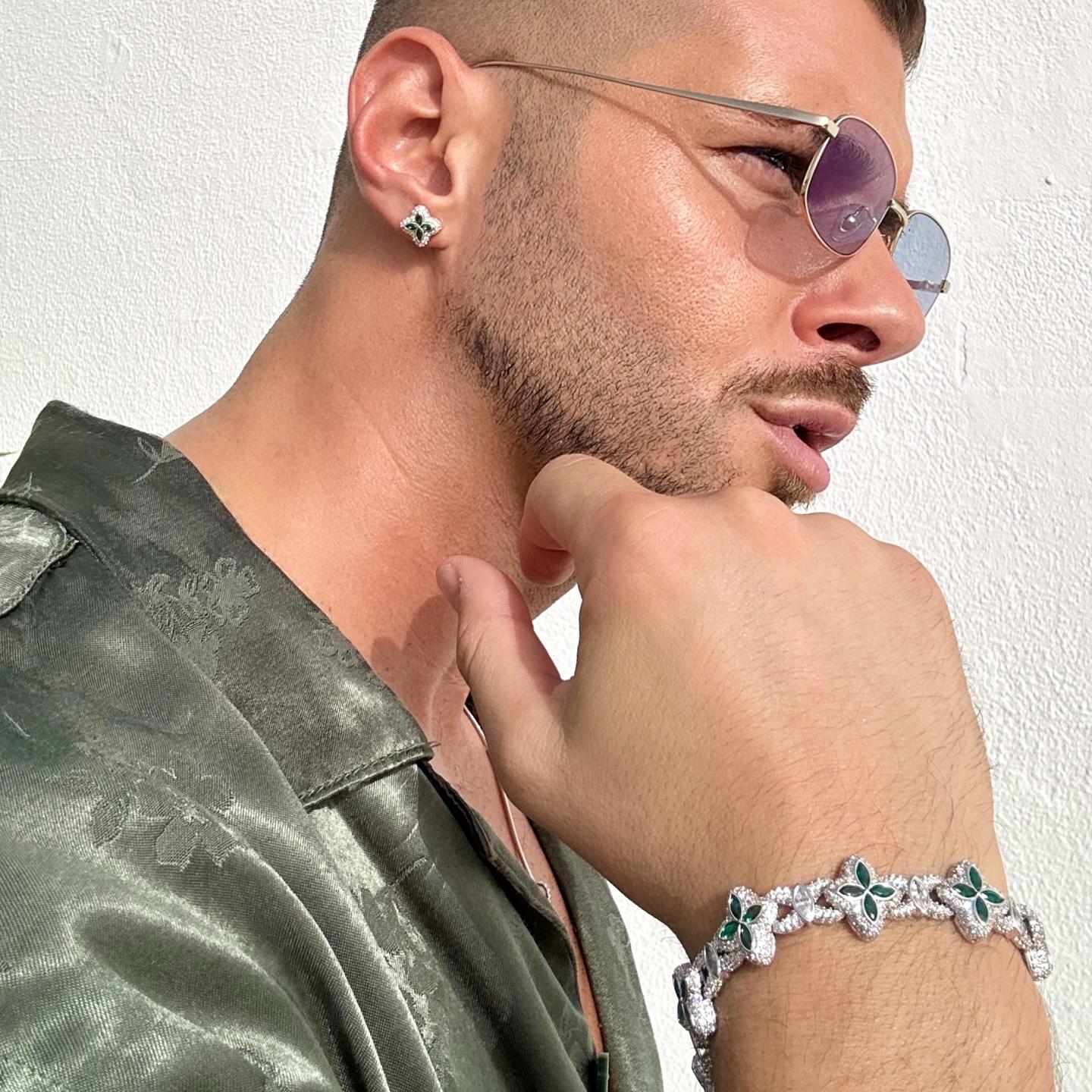 Bracelet de trèfle lumineux glacé & Ensemble de boucle d'oreille