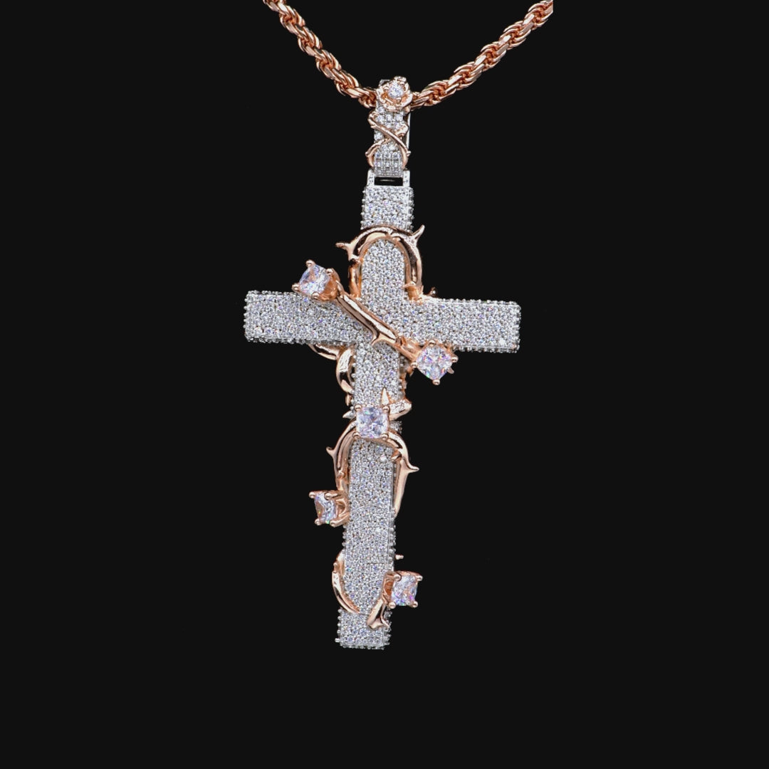 Moissanite Pave Set Thorned Rose Cross Pendant