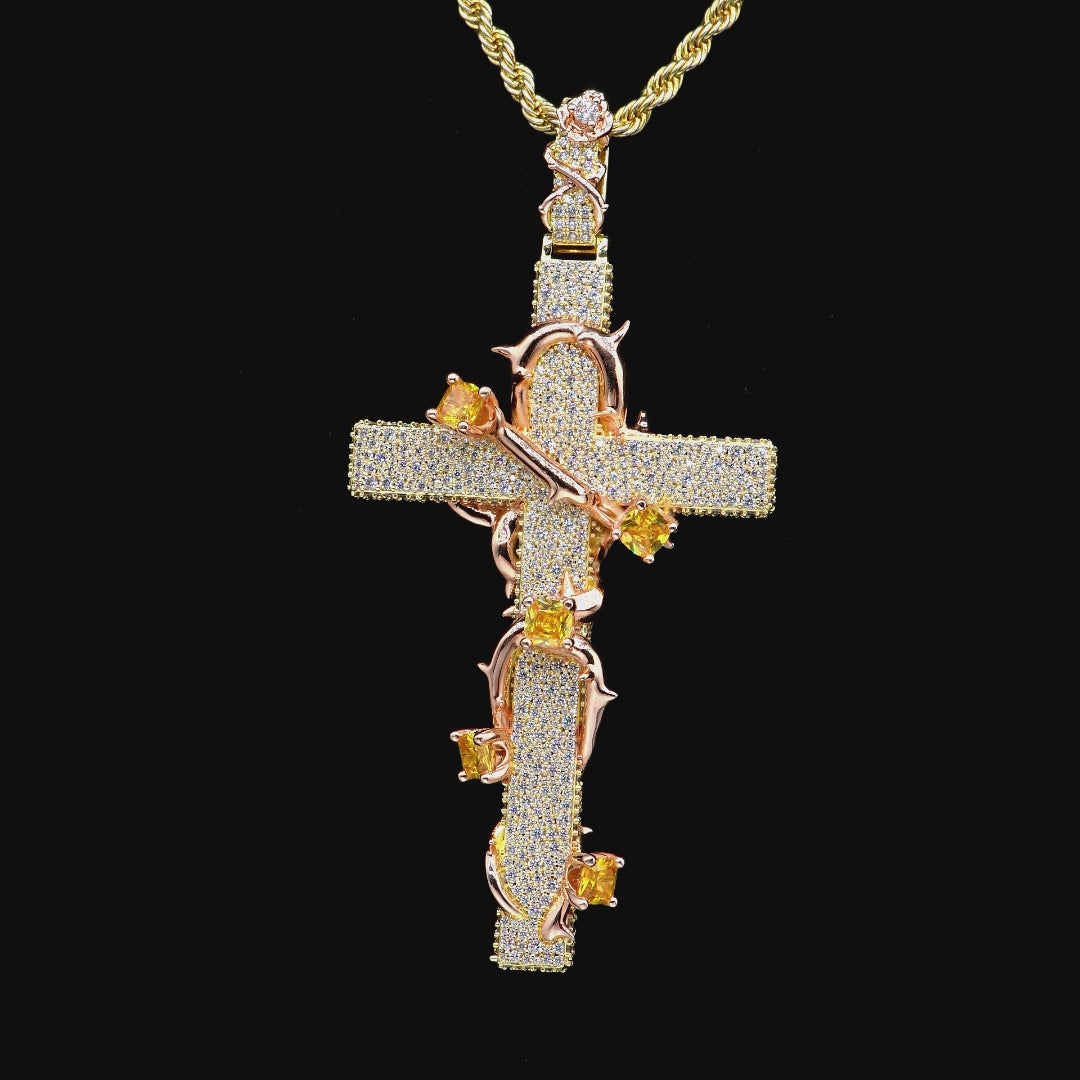 Moissanite Pave Set Thorned Rose Cross Pendant