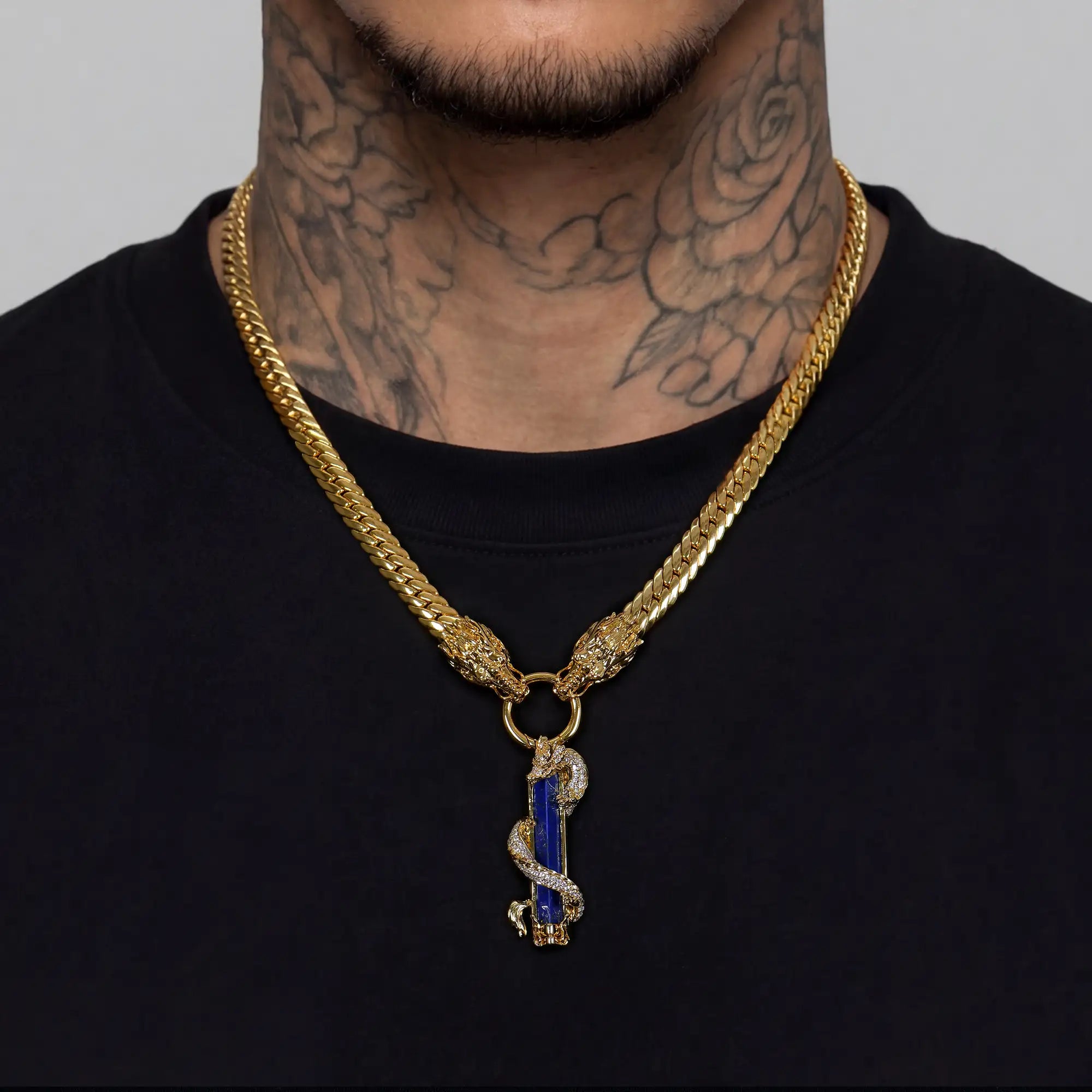 Conjunto de colgante de cadena cubana con pilar de jade y dragón WONG