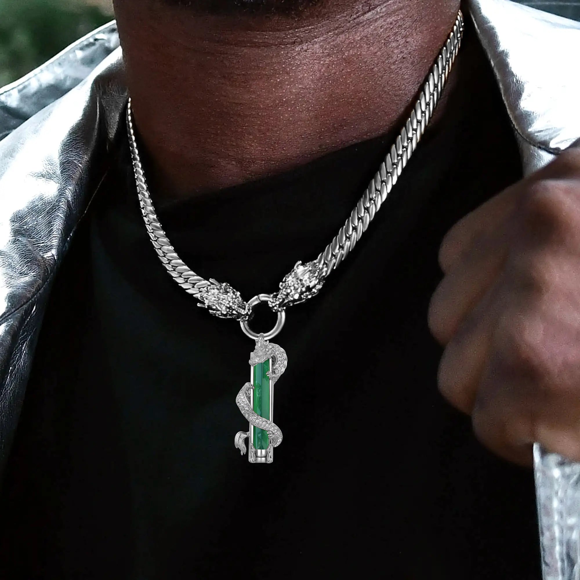 Conjunto de colgante y cadena cubana con pilar de jade de dragón WONG - Plata