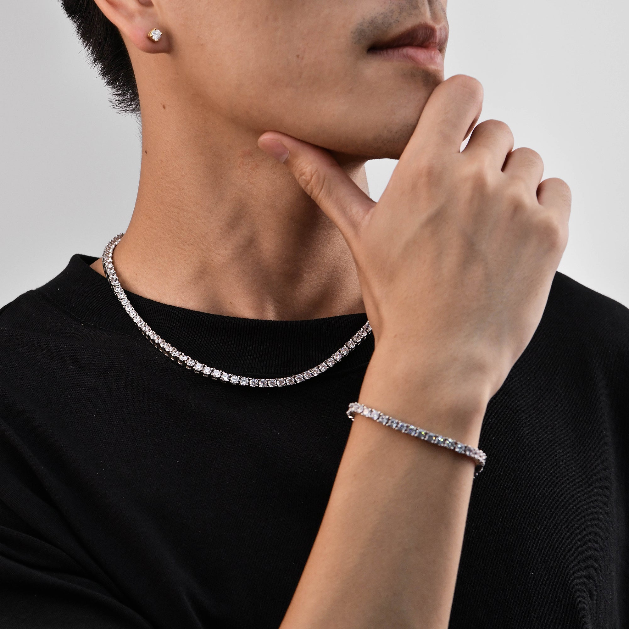3mm Iced Tennis Chain + 5mm Iced Tennis Bracelet + Moissanite Stud Earring Bundle