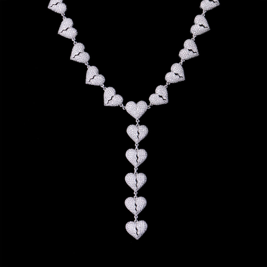 White Gold Iced Broken Heart Chain - Heartbreak Chain