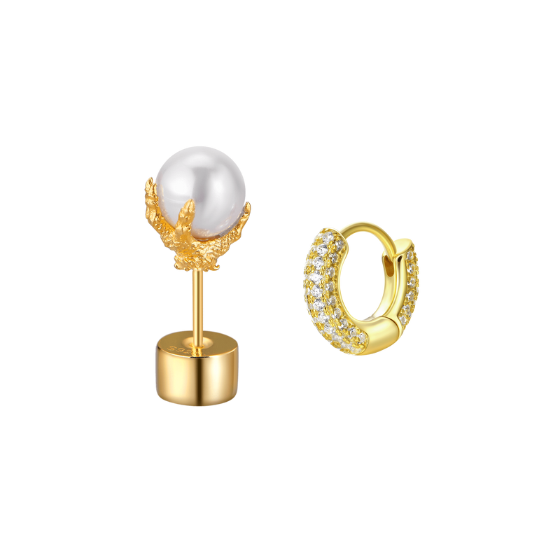 Asymmetrische WONG Drachen Perle und eisgekühlte Hoop-Ohrringe Set - APORRO