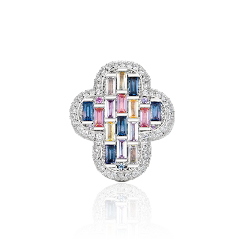 Women's Iced Vitraux Vintage Rose Window Cross Ring - APORRO