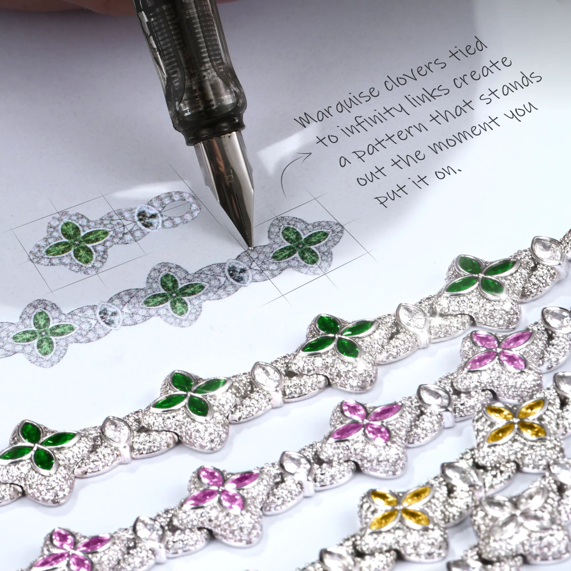 Iced Luminous Clover Necklace & Geldbörsenkette – Rosa Diamant