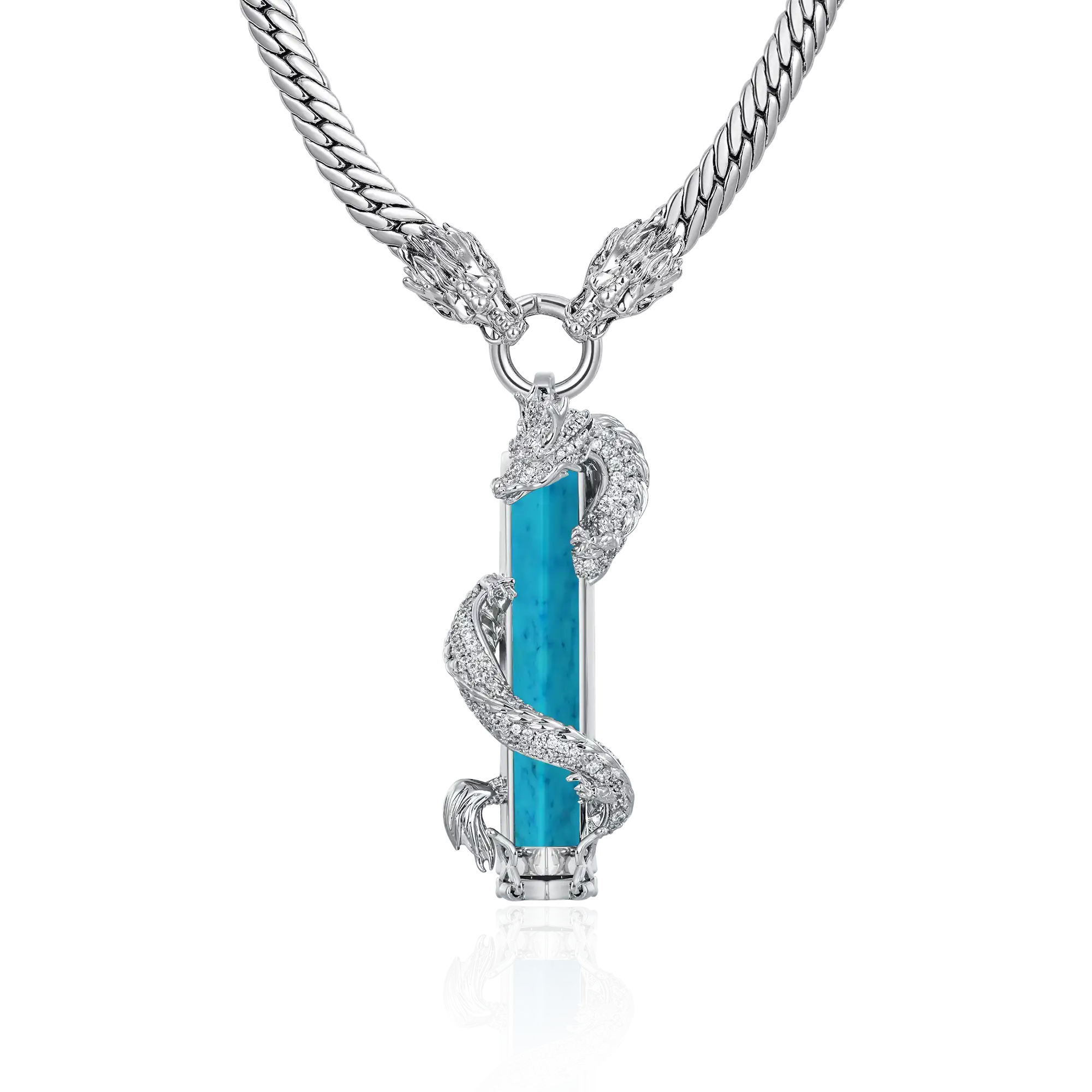 WONG Double Dragon Miami Cuban Chain + Jade Column Pendant Silver Set