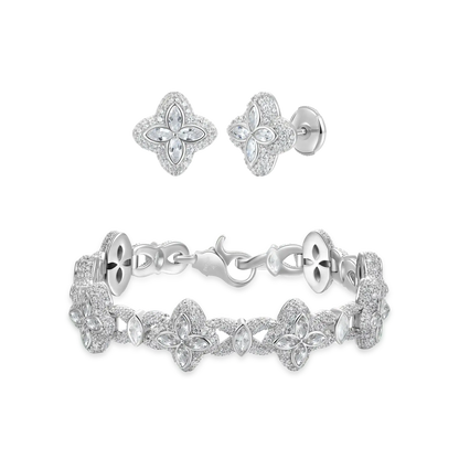 Iced Luminous Clover Bracelet & Earring Set  - White Diamond
