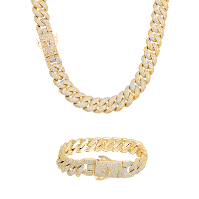 12mm Round Cut Cuban Chain & Bracelet Set