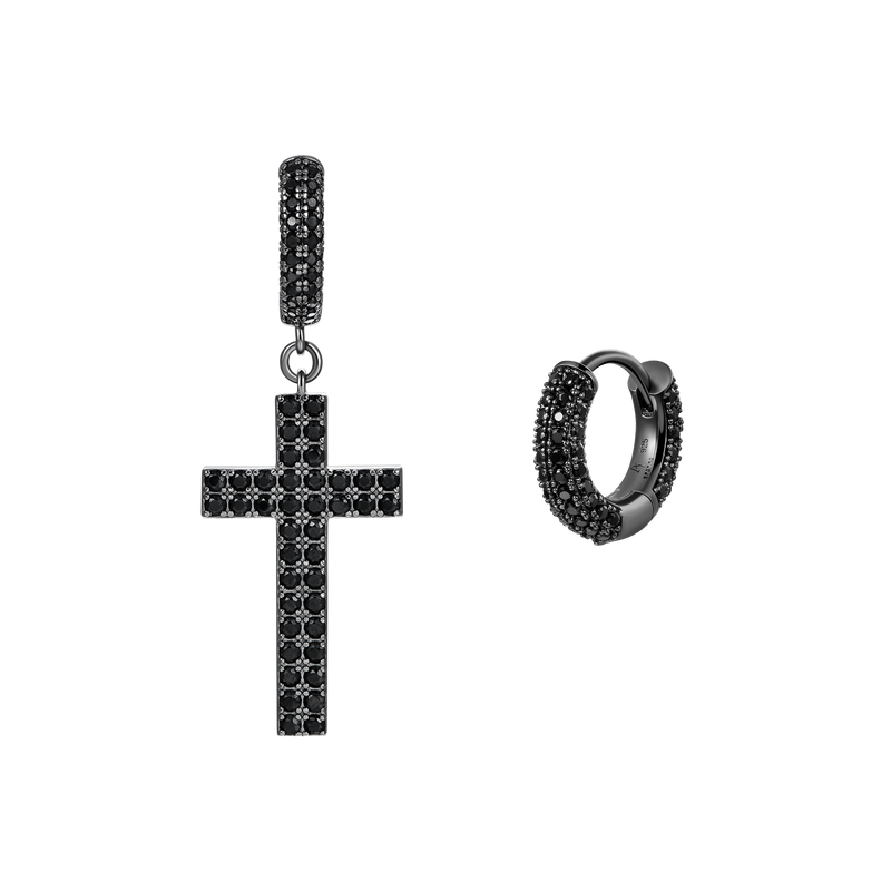Pendientes asimétricos negros en forma de cruz y aro - Dangly Cross Earring - APORRO