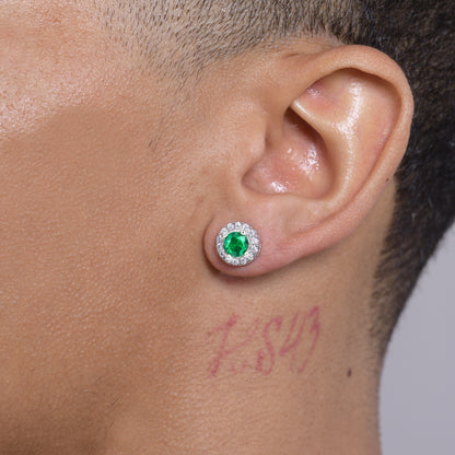 Moissanite Halo Round Cut Stud Earring - Green