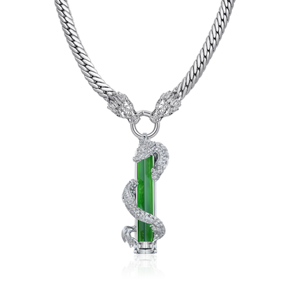 WONG Double Dragon Miami Cuban Chain + Jade Column Pendant Silver Set