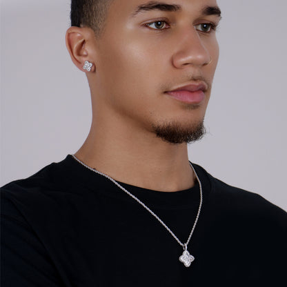 Iced Luminous Kleeblatt Anhänger & Ohrring-Set - Weißer Diamant