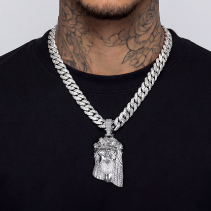 White Gold Stellar Jesus Pendant & Cuban Chain Set