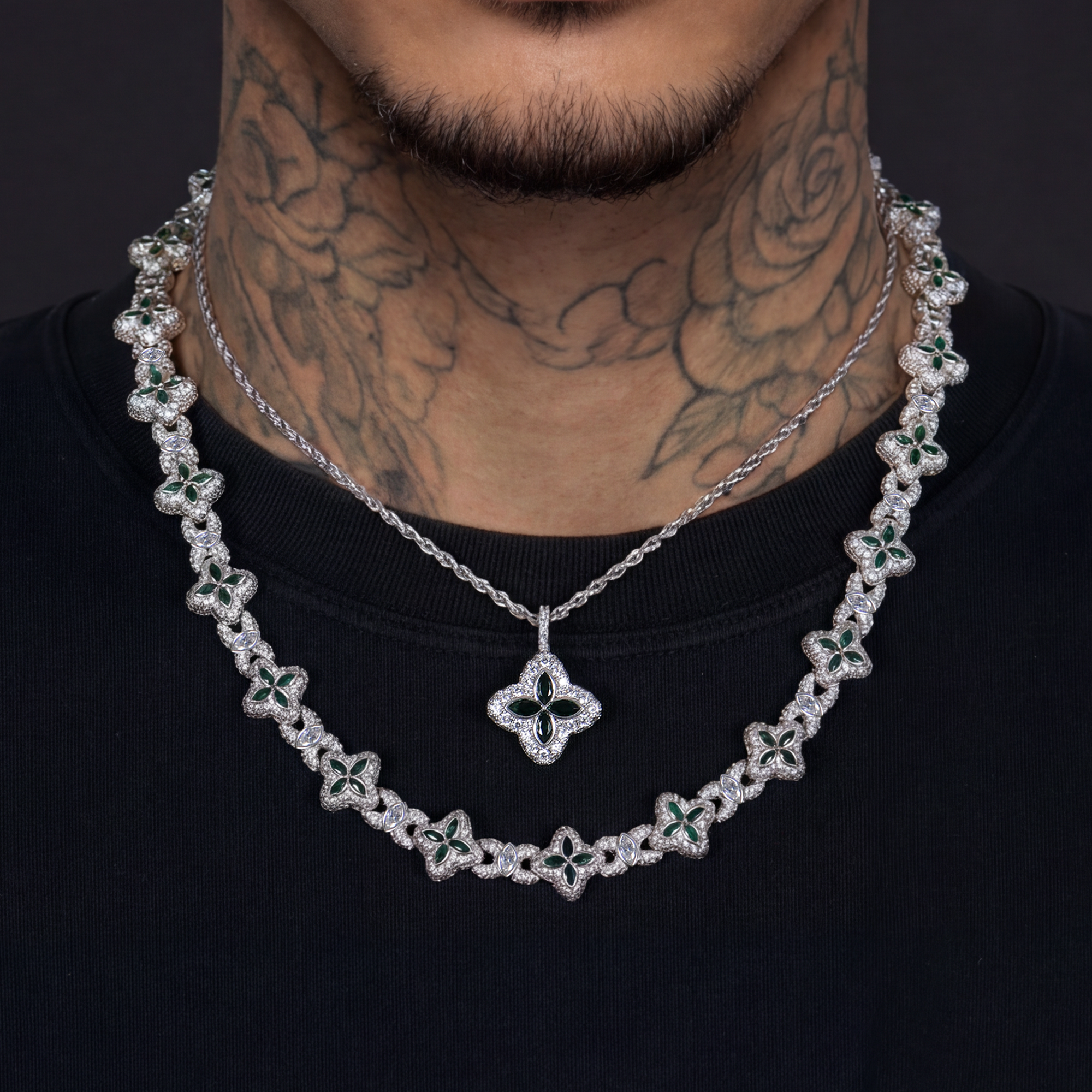 Iced Luminous Clover Pendant & Chain Set