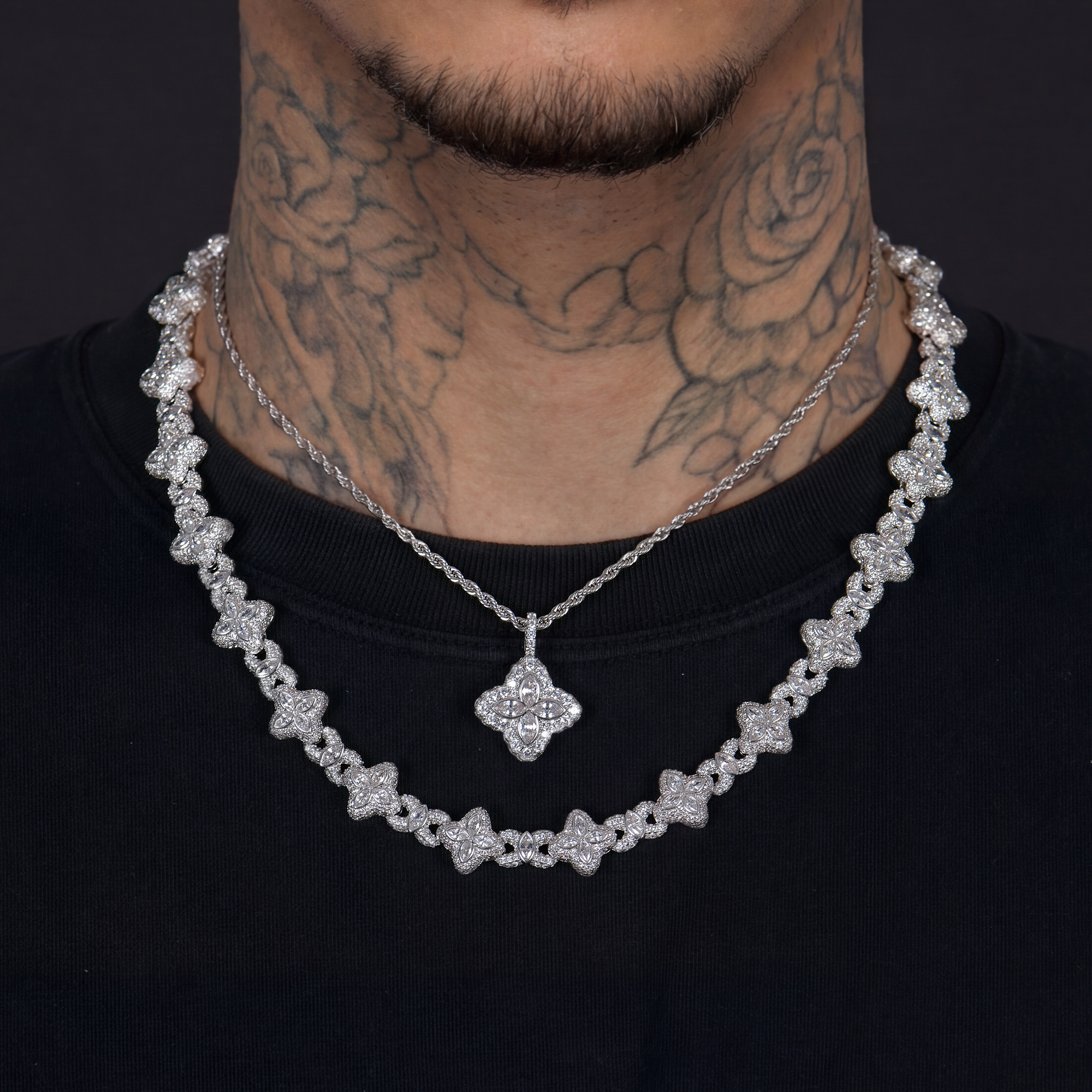 Iced Luminous Clover Pendant & Chain Set - White Diamond