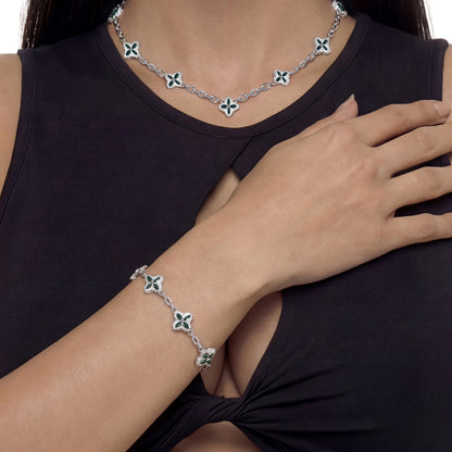 Conjunto de pulsera y cadena ajustable con trébol luminoso helado - Diamante verde