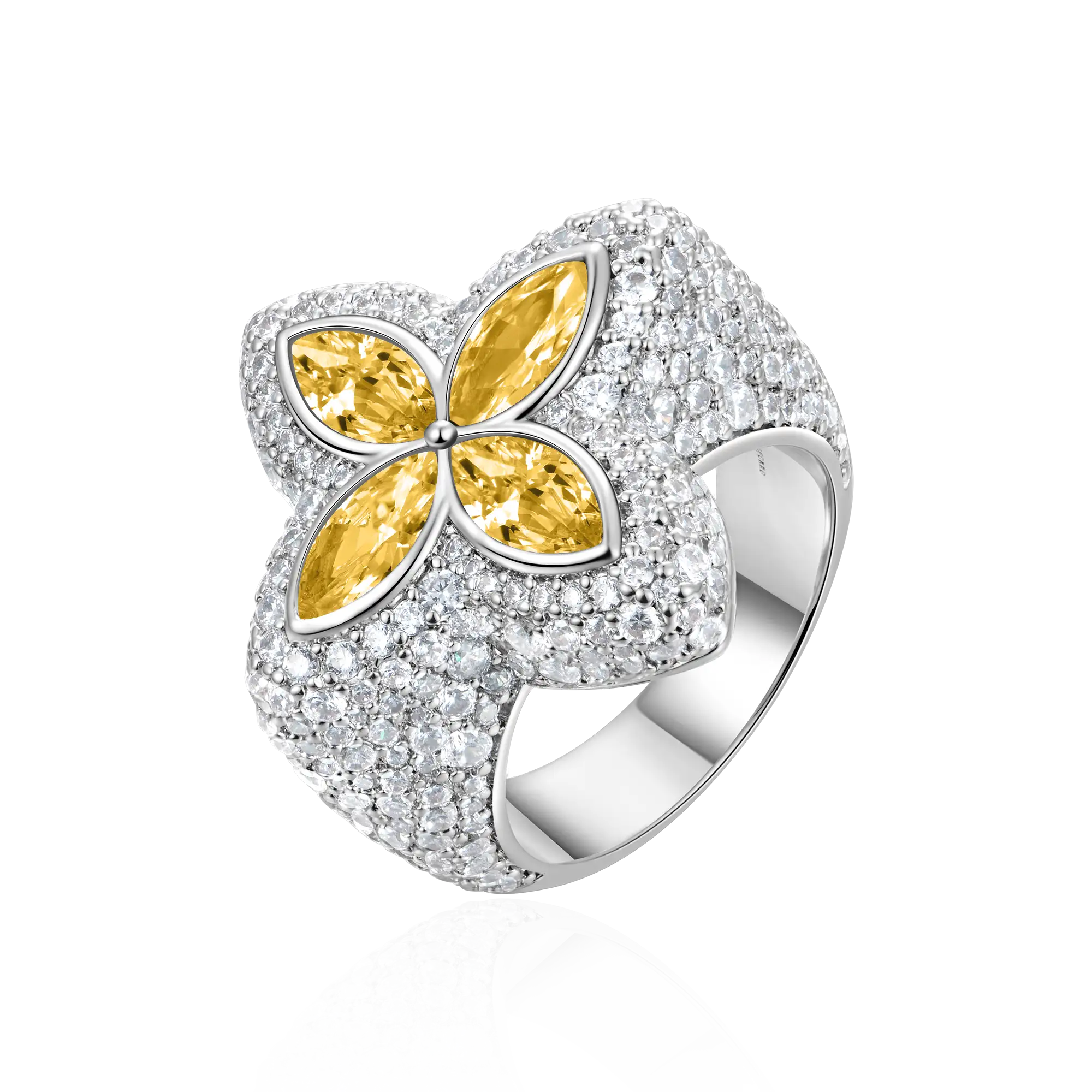 Anillo de trébol luminoso helado - Diamante amarillo