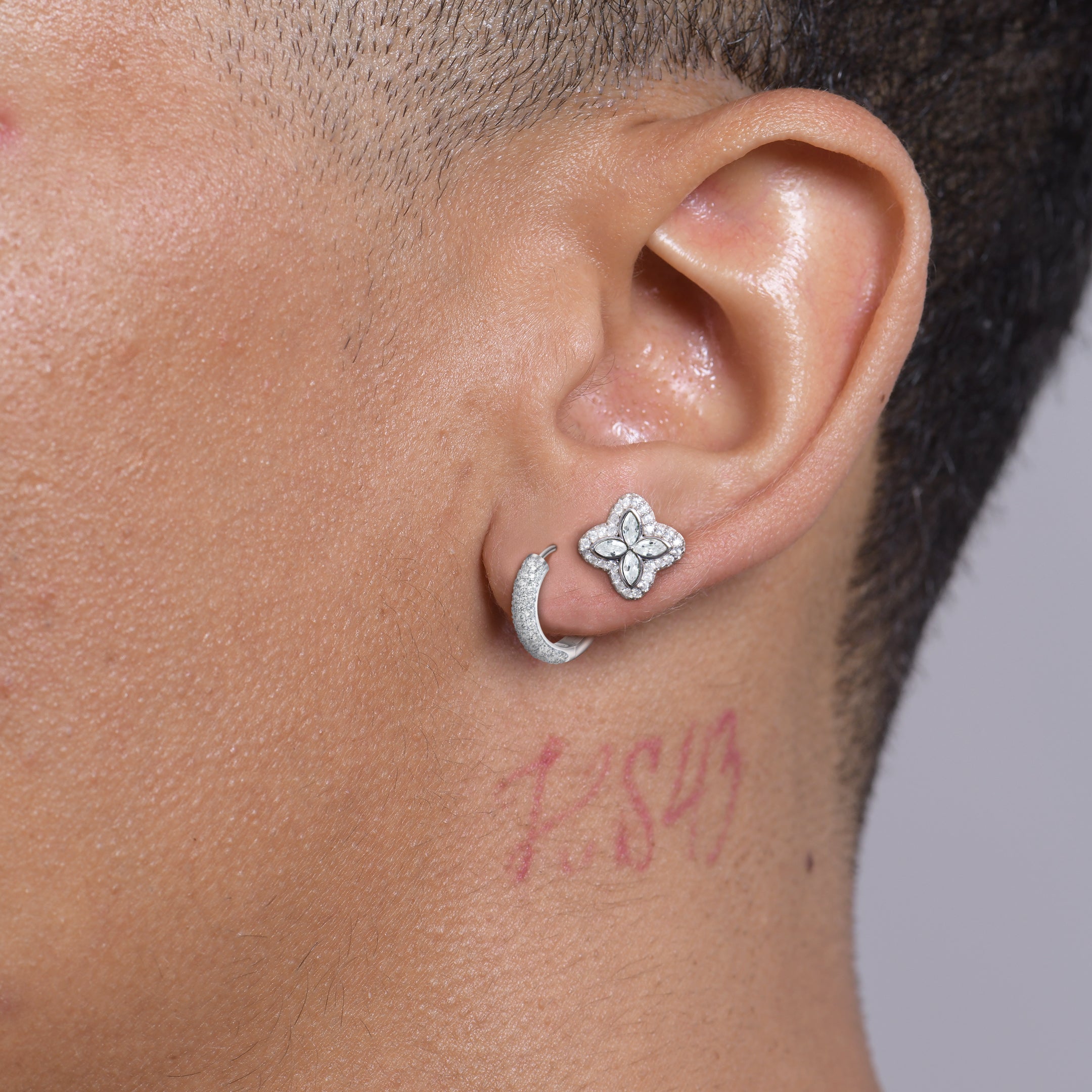 Paved Hoop & Clover Stud Earring Set