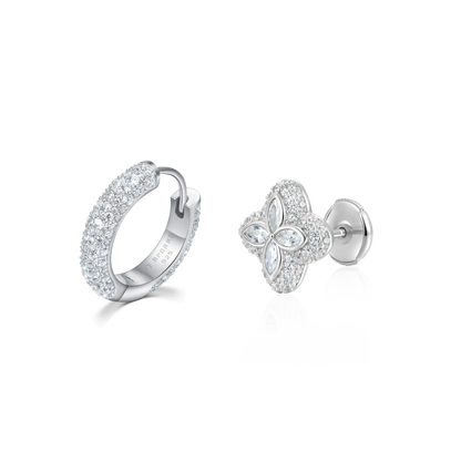 Paved Hoop & Clover Stud Earring Set