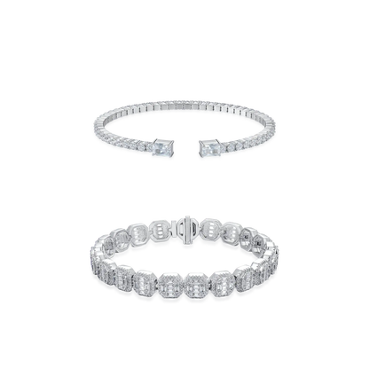 Baguette Clustered Tennis + Spring Tennis Bangle Bracelet Gift Set
