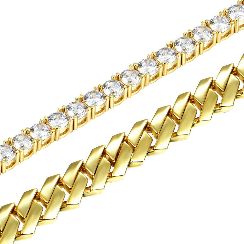 Brazalete de tenis de 3mm + brazalete de oro liso de 8mm - APORRO