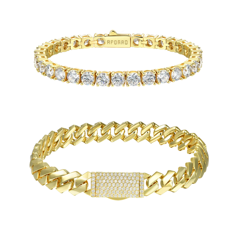 Bracelet tennis de 5 mm + bracelet à griffes en or uni de 10 mm - APORRO