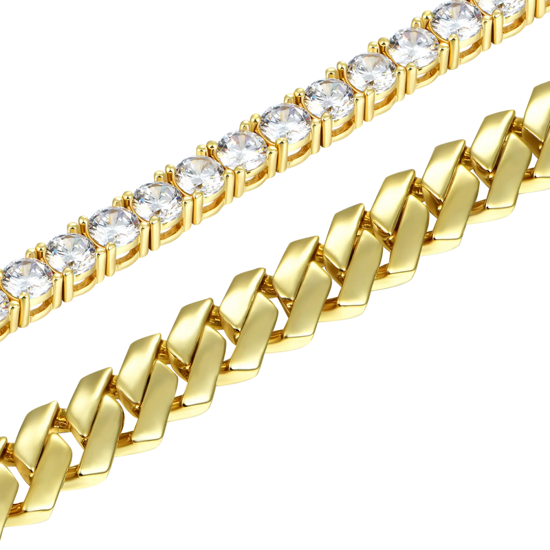 5mm Tennis Bracelet + 10mm Plain Gold Prong Bracelet Bundle - APORRO