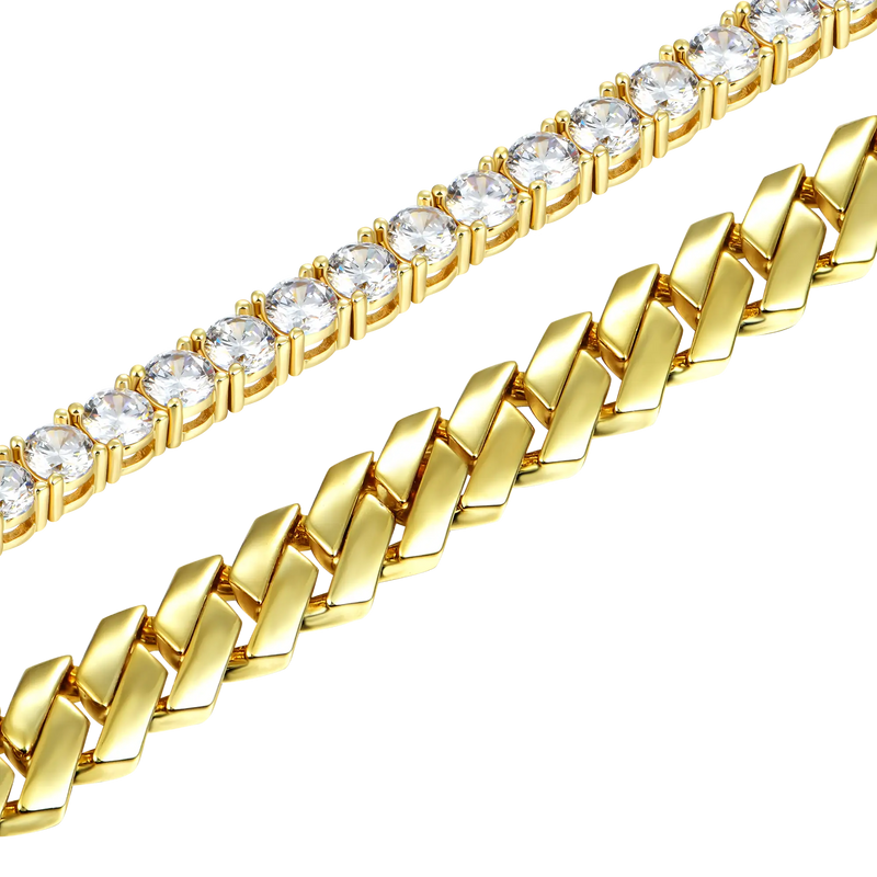 12mm Plain Gold Prong Cuban Link Bracelet + 5mm Tennis Bracelet Gift S - APORRO