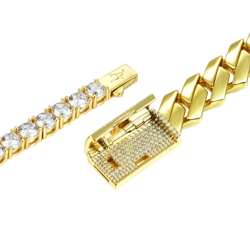 12mm Plain Gold Prong Cuban Link Bracelet + 5mm Tennis Bracelet Gift S - APORRO