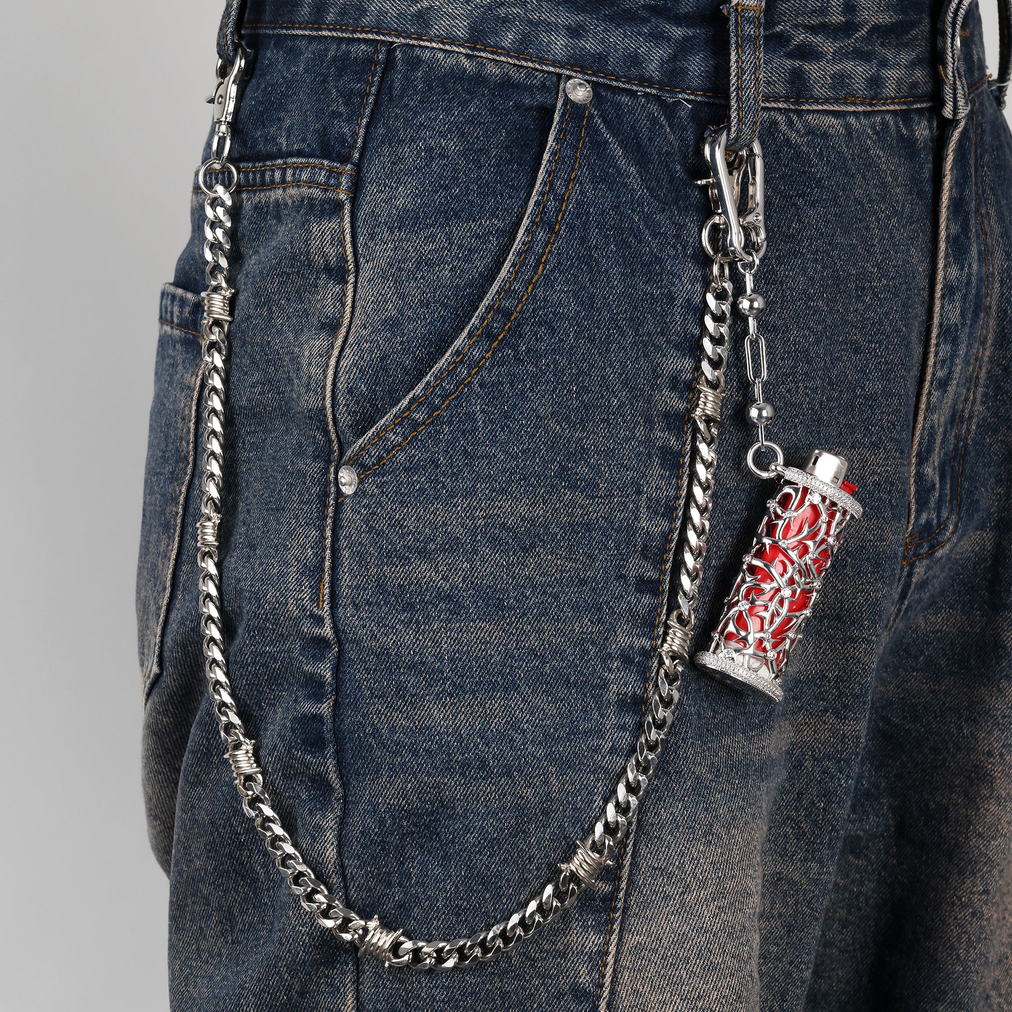 18K White Gold Men's Street Utility Wallet Chain Set - Pants Chain