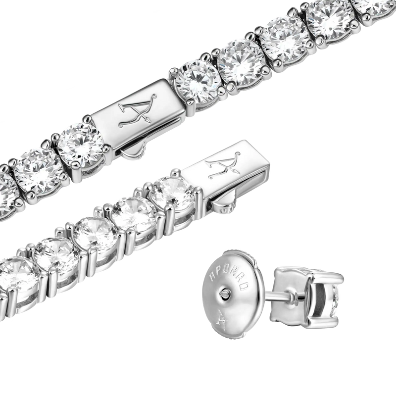 5mm Tennis Chain + 5mm Tennis Bracelet + Moissanite Stud Earring Bundl - APORRO