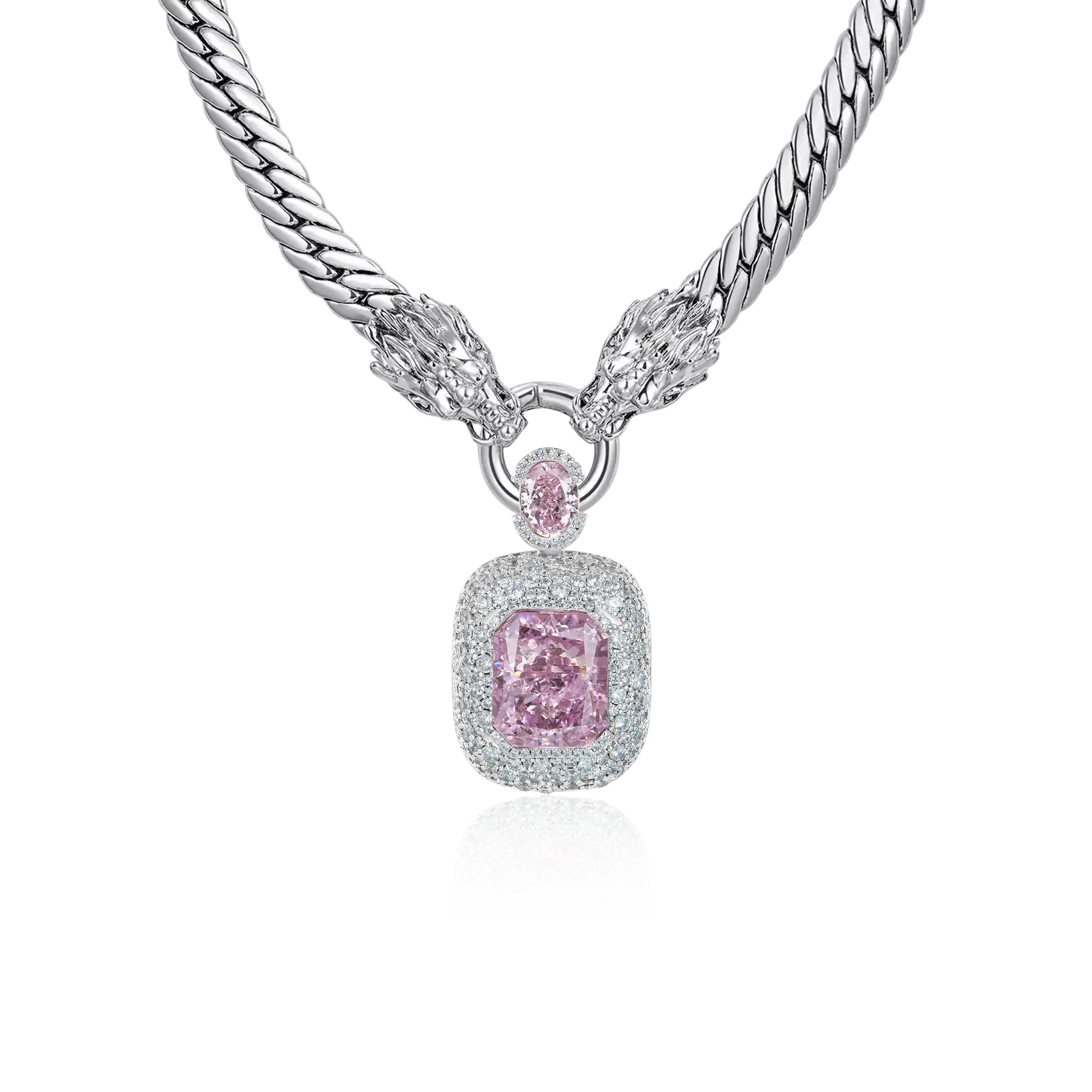 WONG Juego de cadena cubana Miami con doble dragón + colgante con corte esmeralda de hielo triturado