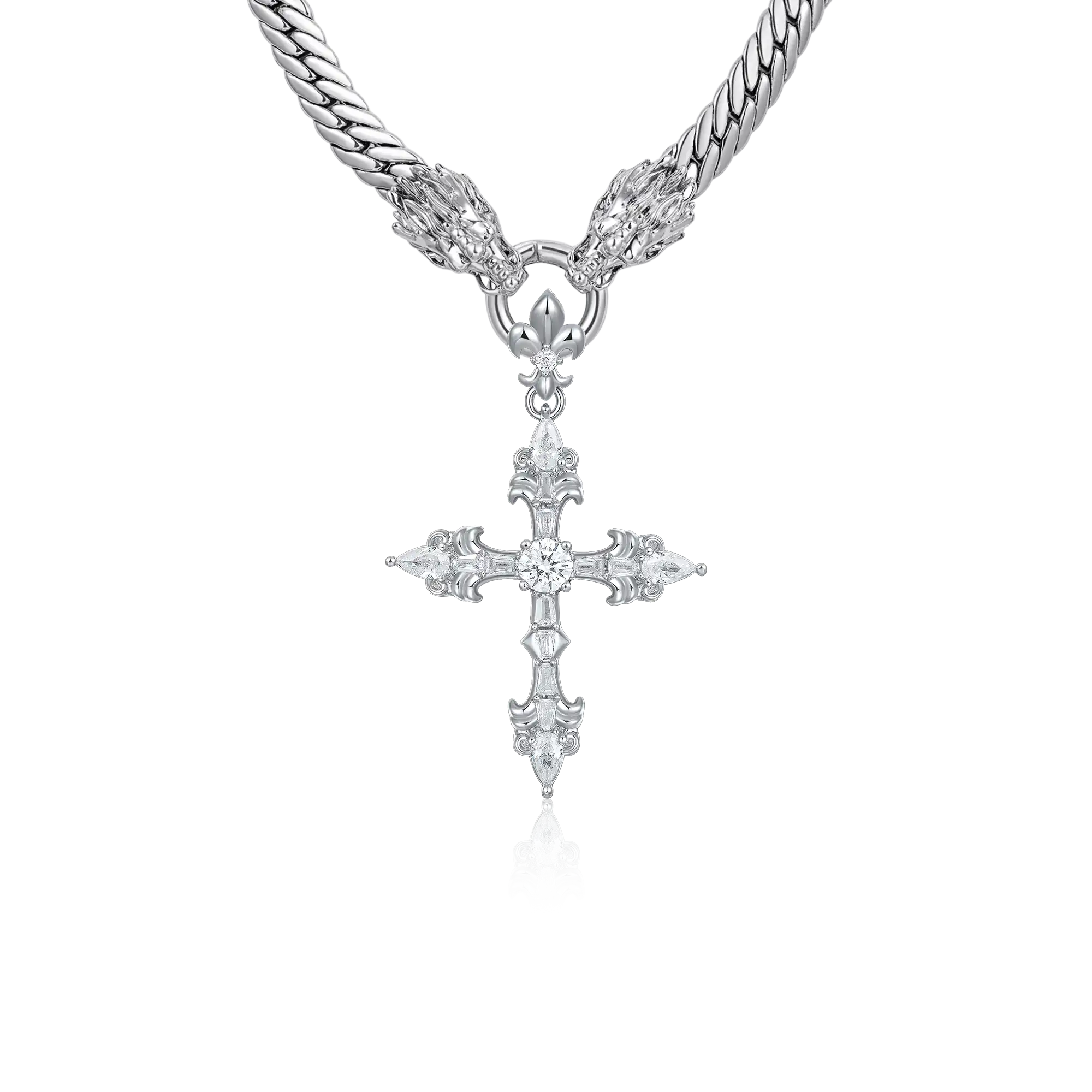 WONG Juego de cadena cubana Miami con doble dragón y colgante con cruz de flor de lis