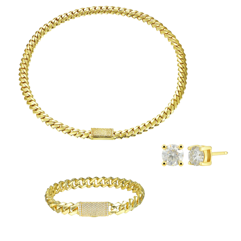 Chaîne et bracelet cubains à griffes en or uni + lot de boucles d'orei - APORRO