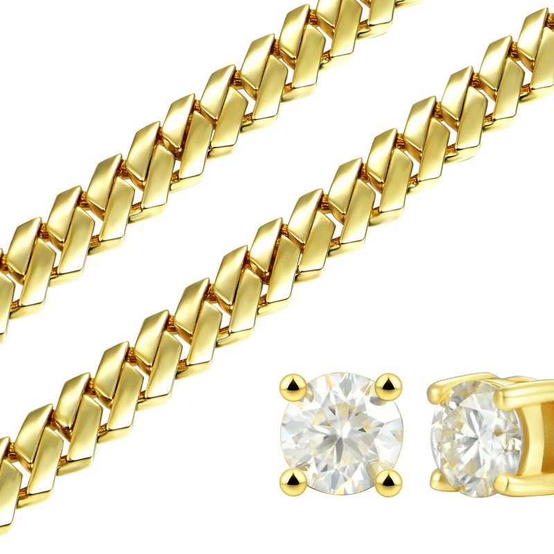 Plain Gold Prong Cuban Chain & Bracelet+ 5mm Round-cut Earring Bundle - APORRO