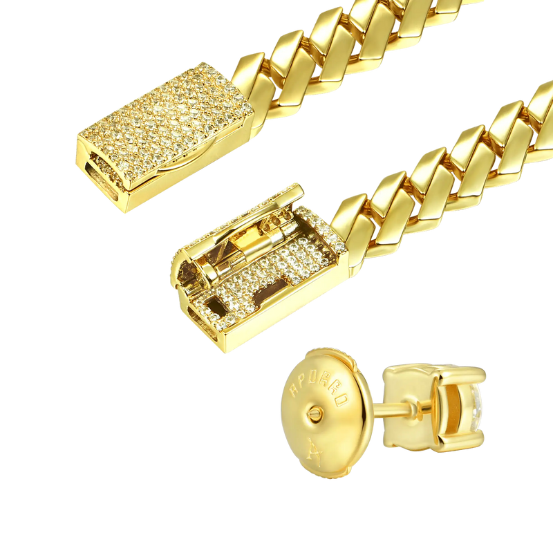 Cadena y pulsera cubana de oro liso + paquete de pendientes de corte r - APORRO