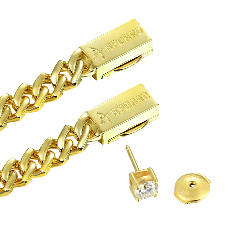 Plain Gold Prong Cuban Chain & Bracelet+ 5mm Round-cut Earring Bundle - APORRO