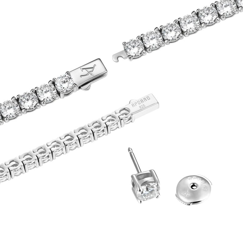 3mm Iced Tennis Chain + 5mm Iced Tennis Bracelet + Moissanite Stud Ear - APORRO