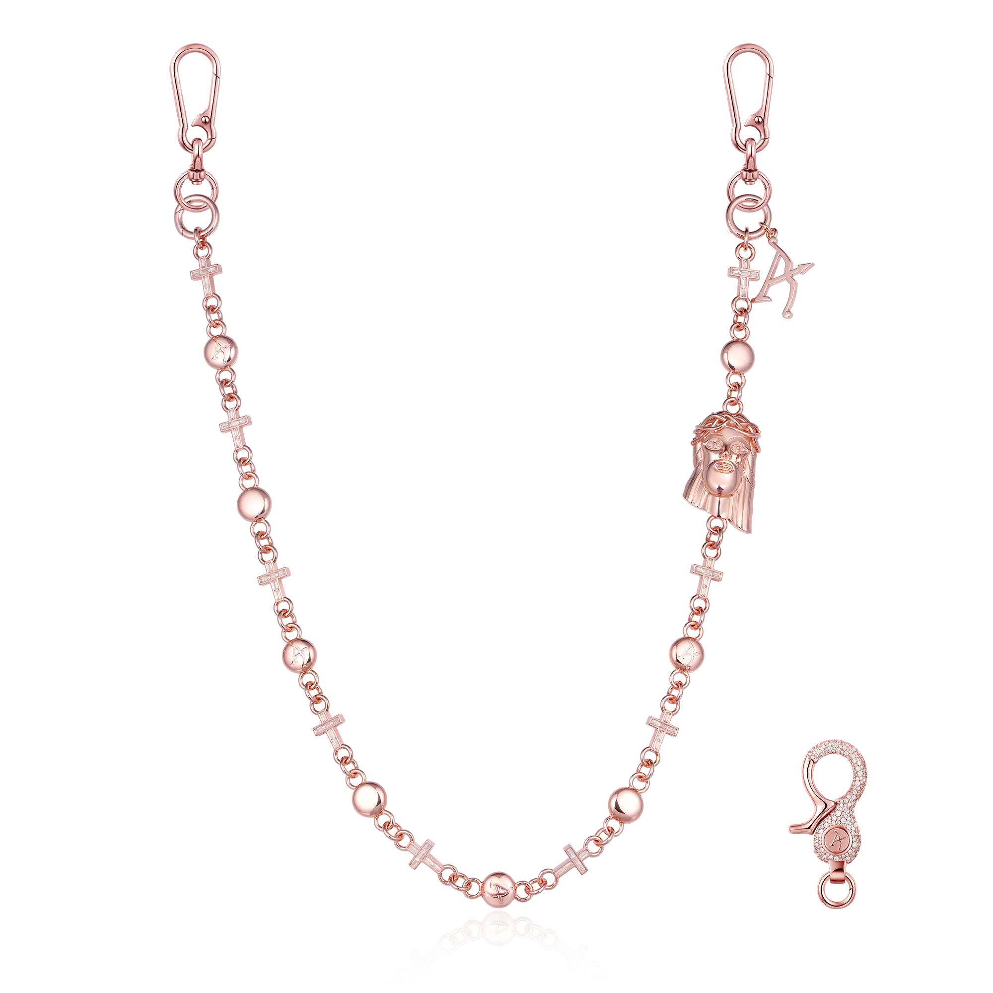 Catena del portafoglio di moissanite Jesus Cross - oro rosa