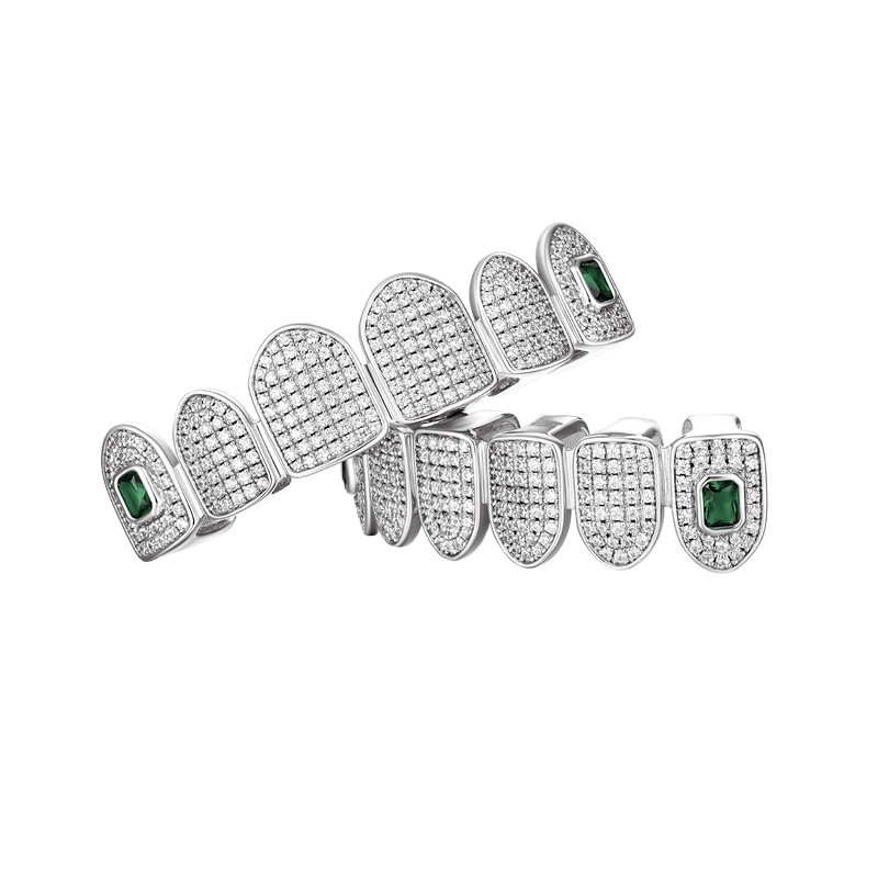 Vorgefertigte Six Teeth Iced Octagon Emerald Cut Grillz - Iced-out Gold Grillz - APORRO